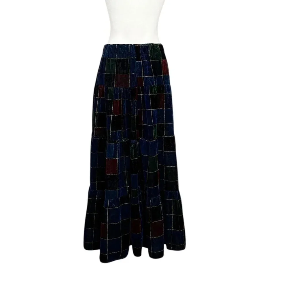 Vintage Velvet Burnout Patchwork Holiday Flowy Tiered Ruffled Maxi Skirt (S/M)